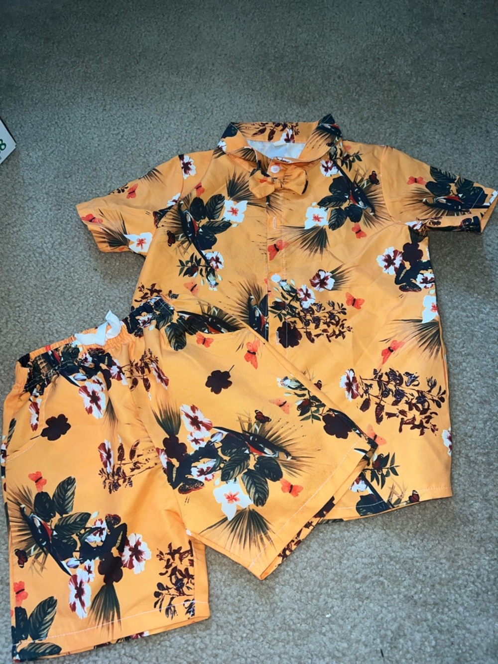 Tropical Floral Button-Up Shirt & Shorts Set - Mustard Yellow